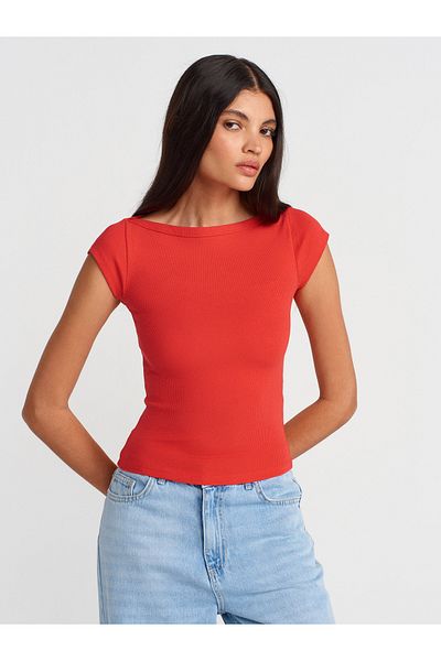 Dilvin 31809 Boat Neck Ribbed T-Shirt-Red