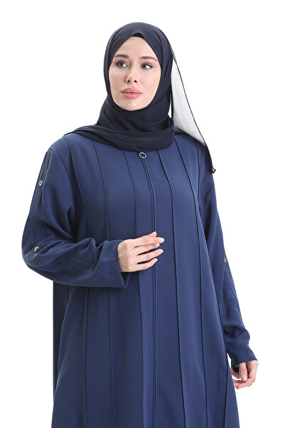 sefamerve Large Size Stitched Piece Zippered Ferace 6177-05 Indigo