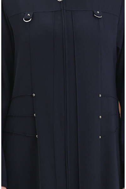 sefamerve Large Size Metal Bead Zippered Ferace 6148-02 Navy Blue