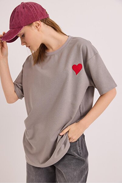 Raneel Kazançlı Alışveriş Crew Neck Short Sleeve Basic Tshirt Gray