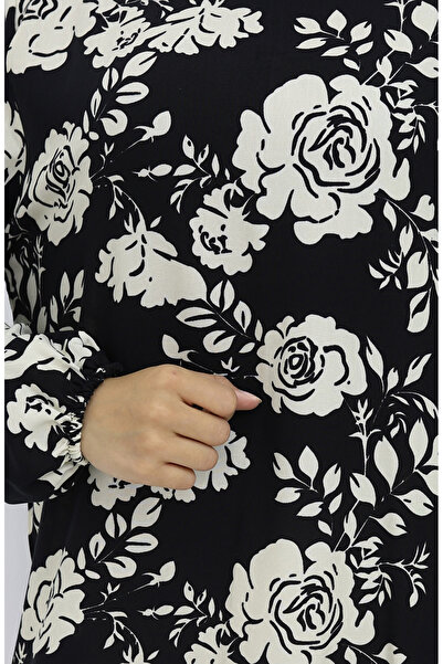 sefamerve Viskon Kumaş Kolu Lastikli Desenli Elbise 2037-01 Siyah