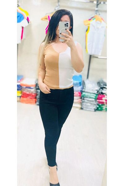 Butik Zeyoo Collection Women's Thick Strap Two Tone V Neck Crop