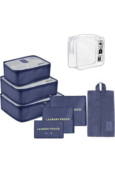 Quasar & Co. Set of 7 Luggage Organizer Covers with Cosmetic Bag, Suitcase/trolley Accessories, Navy Blue