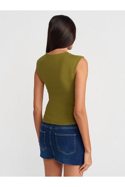 Dilvin 21054 Shirred Basic T-Shirt-Oil Green