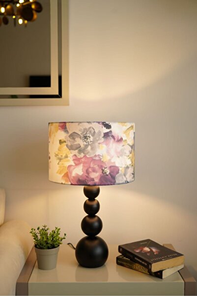 retro home design Siyah Ayaklı Silindir Mor Çiçek Kumaşlı Masa Lambası Abajur...