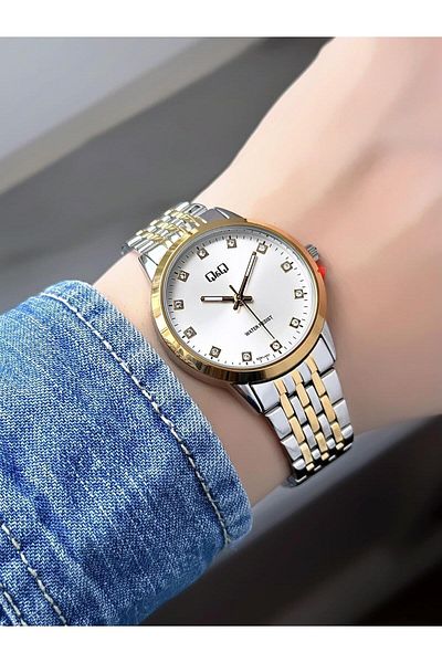 Q&Q Women's Metal Cord Double Color Stone Dial Wrist Watch