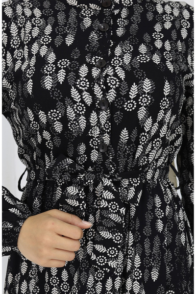 sefamerve Viskon Kumaş Düğmeli Kuşaklı Elbise 4075-05 Siyah Beyaz