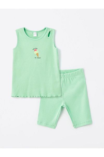 LC Waikiki Lcw Kids Green Crew Neck Baby Girl Blouse and Shorts Set of 2