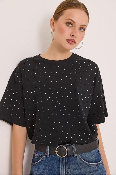 Raneel Kazançlı Alışveriş Tricou din bumbac premium cu detaliu de piatră, negru