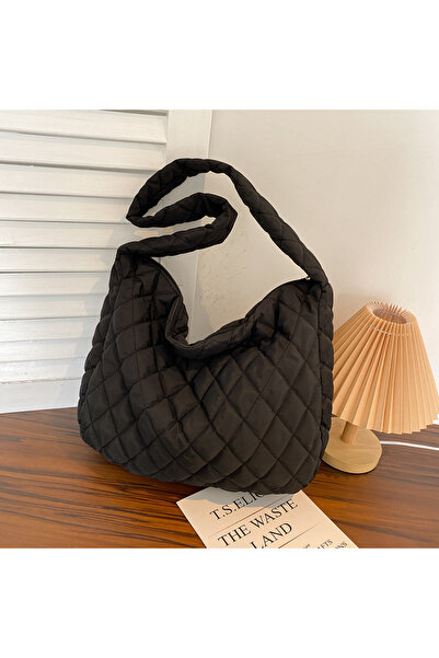 Buldug Siyah Moda Kapitone Kadın Koltukaltı Omuz Çantası Naylon Hobo Büyük Ka...