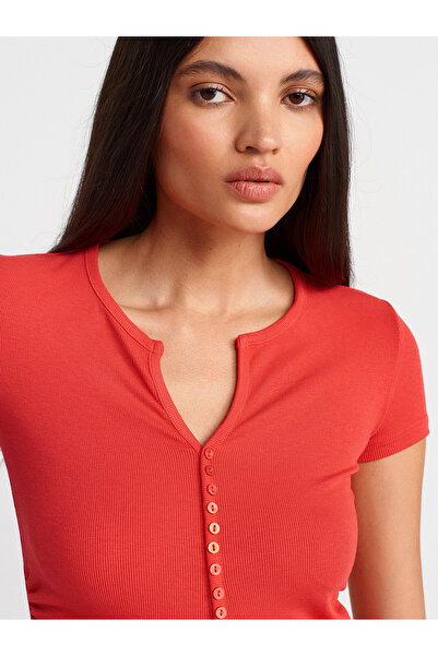 Dilvin 31838 Düğmeli Kısa Kollu Top-Kırmızı