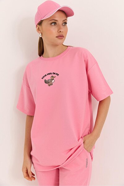 Raneel Kazançlı Alışveriş Duck embroidered Oversized two thread pink t-shirt