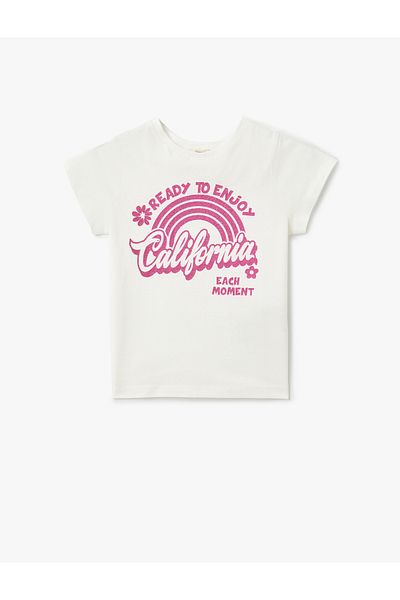 Koton Slogan Printed Cotton Crew Neck Short Sleeve T-Shirt