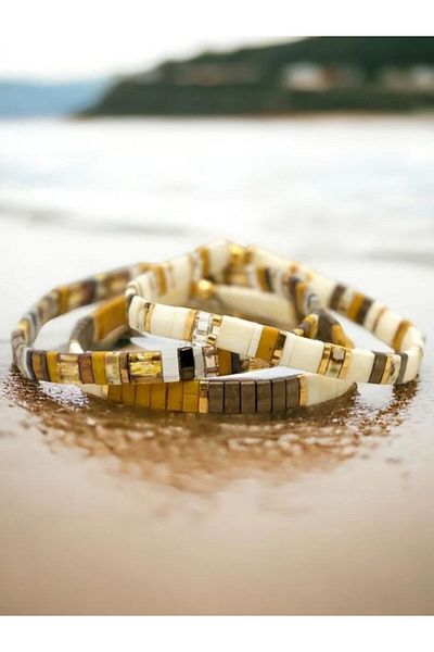 NAZLI TAKILAR Set of 3 Brown Ecru Tila Bracelets