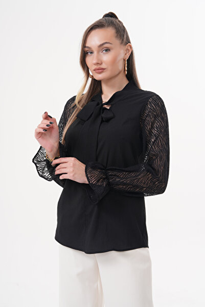 Loom Boutique Büyük Beden Kravat Yaka Keten Flok Baskılı Kol Garnili Bluz