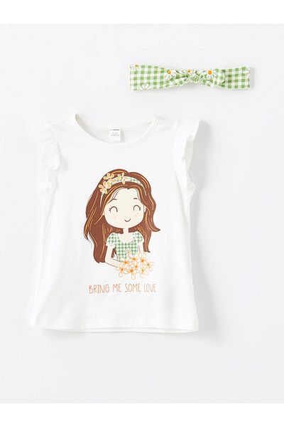 LC Waikiki Lcw Kids White Crew Neck Short Sleeve Printed Baby Girl T-Shirt and Shorts Skirt 2 Piece Set