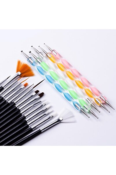Ecosell 20 Parça Nail Art Tırnak Süsleme Desen Fırça ve Dot Kalem Seti Siyah