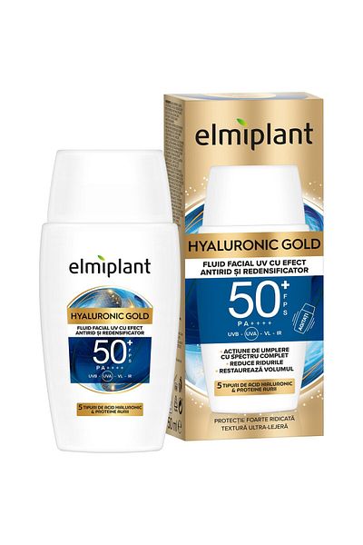 ELMIPLANT Fluid facial Elmiplant HYALURONIC GOLD UV cu efect antirid si redensificator