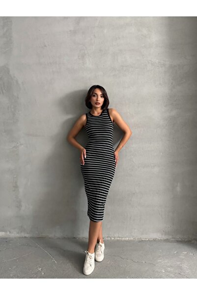 BEJNA Γυναικείο μαύρο ριγέ αμάνικο ελαστικό φόρεμα
