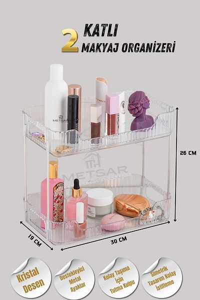 Metsar Home 2-Tier Crystal Makeup Organizer, Metal Legs, Multi-Purpose Jewelry, Makeup, Bathroom Organizer