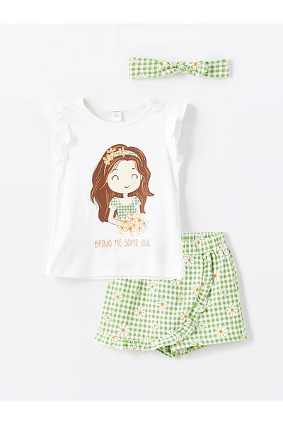 LC Waikiki Lcw Kids White Crew Neck Short Sleeve Printed Baby Girl T-Shirt and Shorts Skirt 2 Piece Set