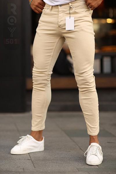 ROY501 Ανδρικό κρεμ τζιν παντελόνι Skinny Leg Ανδρικό κρεμ τζιν Skinny Fit