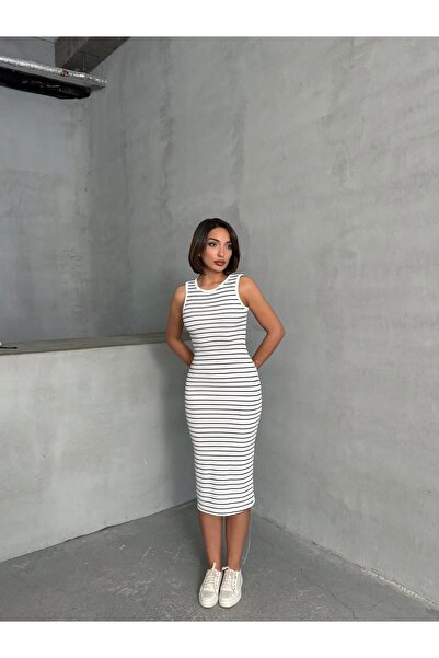 BEJNA Γυναικείο λευκό ριγέ αμάνικο ελαστικό φόρεμα