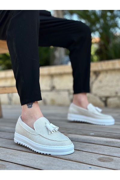 TUGERDİ Tugerdi Linen White Laceless Tasseled Lightweight High Sole Style Casual Men's Shoes Tge 2302975