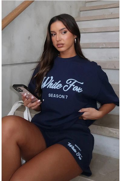 The Champ Clothing Women's Wf Printed Relaxed Cut 100% Cotton Short T-Shirt Suit Navy Blue