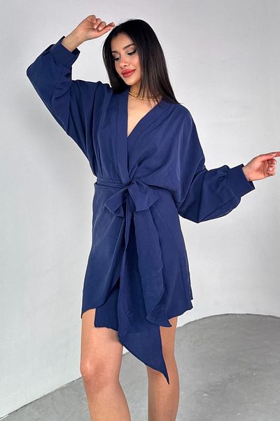 Cappmoda ELB-01777 Μπλε ναυτικό φόρεμα με διπλό στήθος με γιακά μπροστά