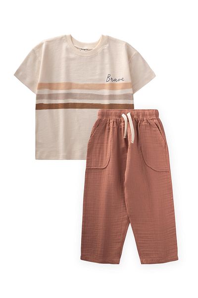 Cigit Brave Striped T-Shirt Suit 2-10 Years Ecru - a Brown