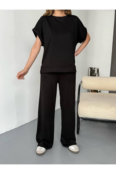 soBasic Modal Fabric Crew Neck Elastic Waist Wide Leg Tracksuit Set