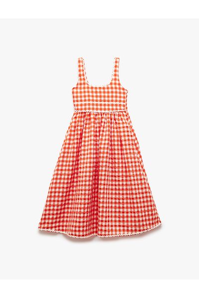 Koton Viscose Blended Round Neck Plaid Strap Dress