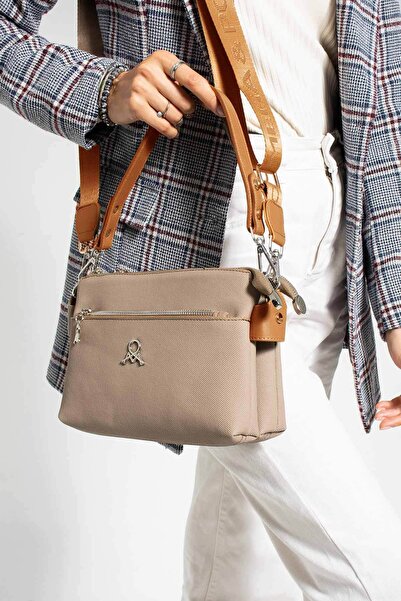 Getcho Tlea Kadın Vizon Taba Çift Bölmeli Omuz Çantası Fermuarlı Dış Cep Ayarlanabilir Askı Günlük Kullanım