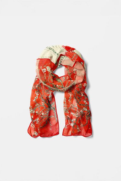 Buka Shops Van Gogh "Almond Blossom" Versatile Premium Chiffon Kerchief with Red Background (1888 Commentary)