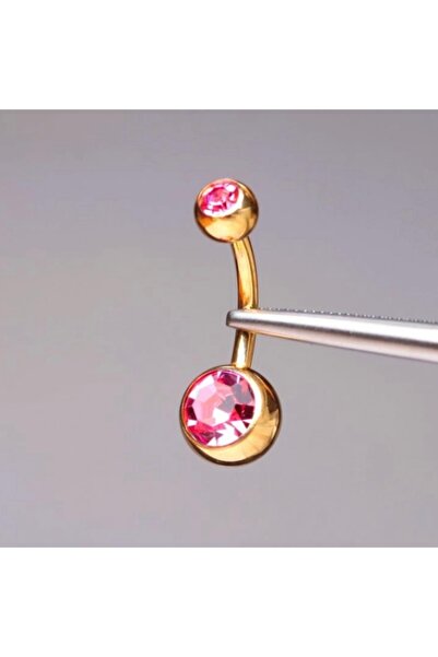 Bylin Çift Pembe Taşlı %100 G23 Titanyum Göbek Piercing - Bar Uzunluğu 10 Mm ...