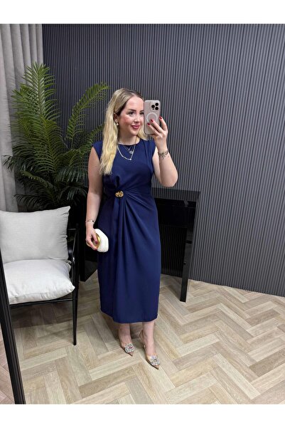 Byelifdursun Loye Gold Detaylı Drapeli Elbise Lacivert
