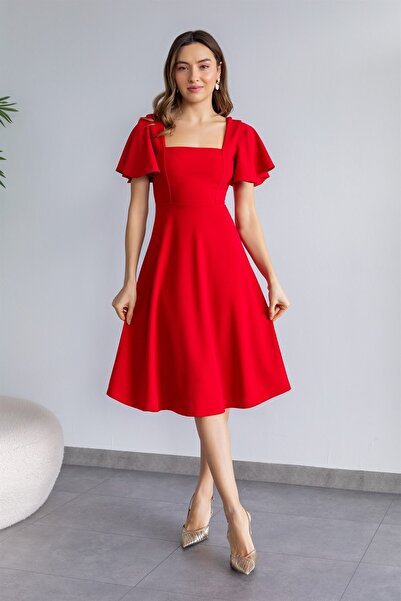 bayansepeti Women's Stretchy Crepe Fabric Square Collar Sleeves Flounced Design Red Midi Length Dress 082