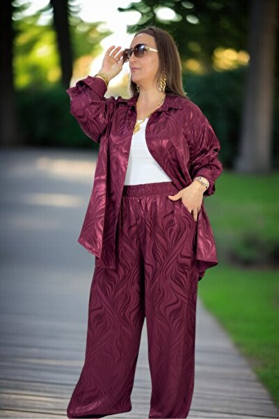 yagmurberen Jacquard Satin Fabric Front Button Long Sleeve Shirt Waist Elastic Pants Large Size Double Suit