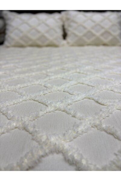 FİBELLA HOME COLLECTİON Tek Kişilik İskandinav Krem Püsküllü Yatak Örtüsü 180x250 - Yastık 50x70 - Kutulu