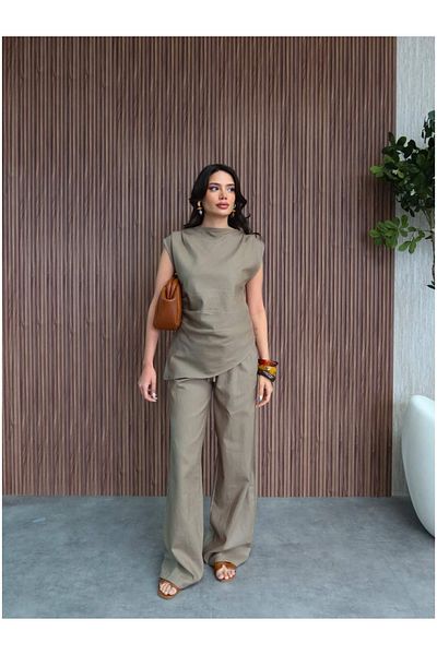 ESRAHELVACI Asymmetrical Blouse Linen Pants Set