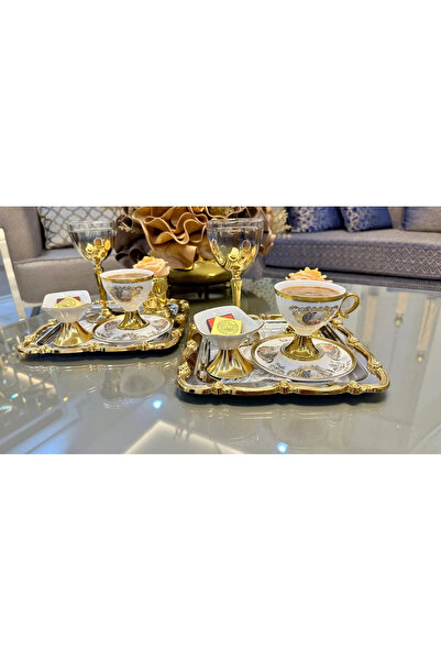 Vakıf home Tek Kişilik Metal Döküm Gold 2 Adet Kahve Çay Sunum Tepsisi