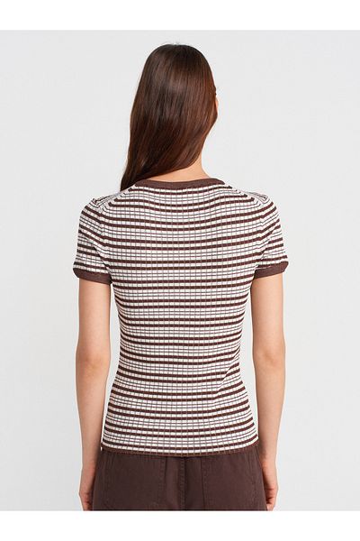 Dilvin 10754 Crew Neck Buttoned Striped Knitwear Blouse-Brown-Ecru
