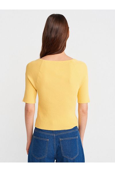 Dilvin 60970 Light Crew Neck Ribbed Buttoned Thin Knitwear Cardigan-Dark Yellow