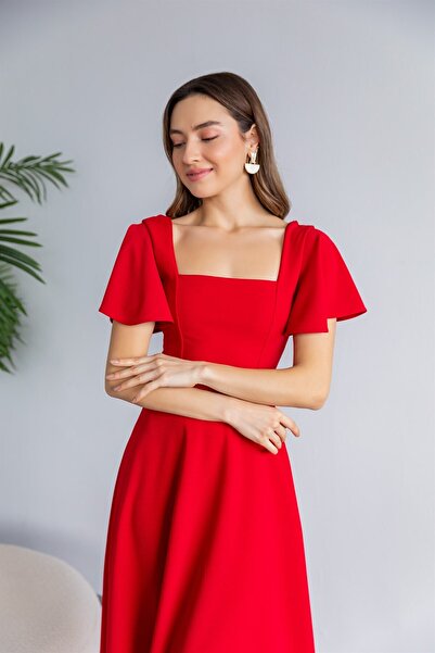 bayansepeti Women's Stretchy Crepe Fabric Square Collar Sleeves Flounced Design Red Midi Length Dress 082