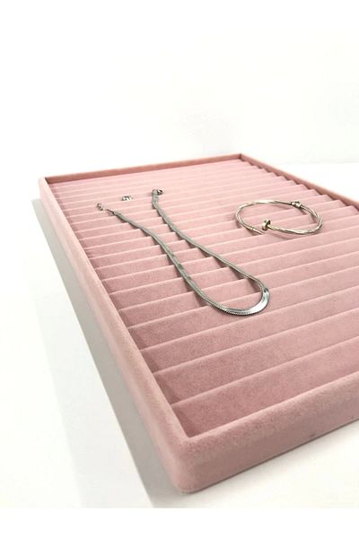 MeGass Dekor Domestic Production Madrid Model Suede Fabric Pink Color 34/24 Cm Stepped Drawer Ici Bracelet-necklace Stand