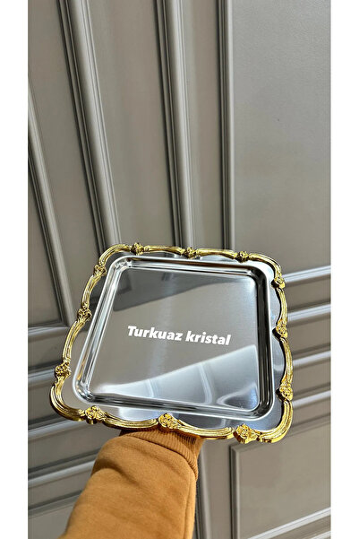 Vakıf home Tek Kişilik Metal Döküm Gold 2 Adet Kahve Çay Sunum Tepsisi