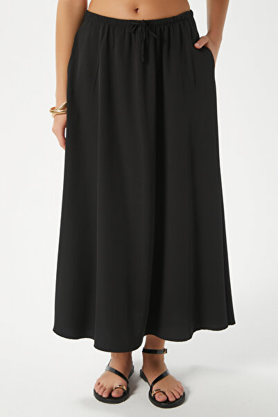 Ritnice Women's Seaside Black Lined Elastic Waist Woven Long Skirt with Pockets