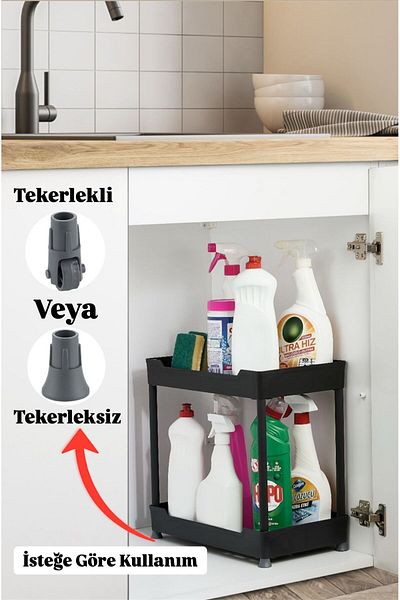 Bayev Class Black 2-Tier Under Sink Organizer Απορρυπαντικό με ρόδες Μονάδα ραφιών οργάνωσης μπάνιου
