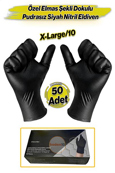 Badem10 Diamond Textured Black XL Size 50 Pieces Thick Hygienic Powder-Free Nitrile Exam Gloves 25 Pairs